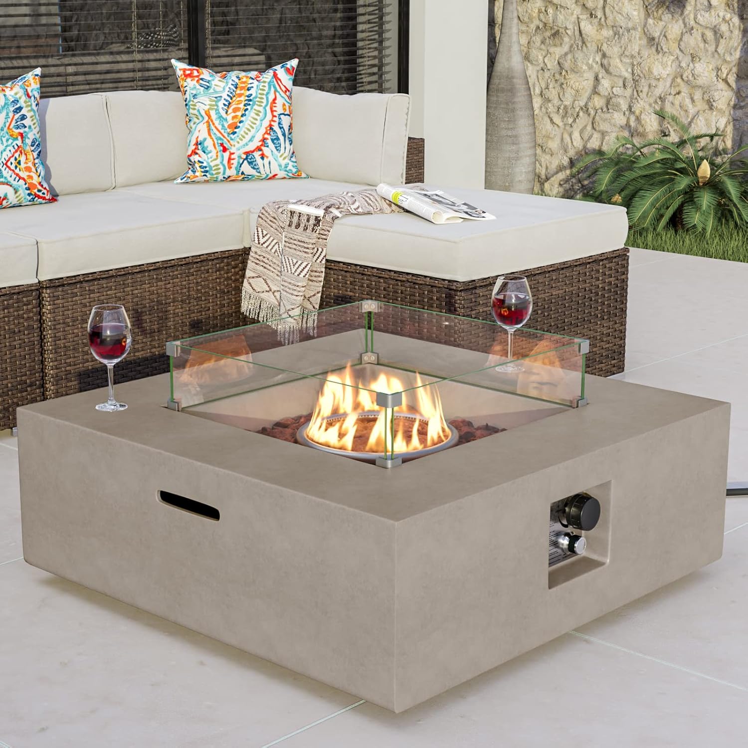 COSIEST Square Outdoor Sandstone Propane Fire Pit w Wind Guard, CSA Certified, 50,000 BTU Stainless Steel Burner, 35-inch, Free Lava Rocks and Rain Cover, Tank Outside, Metal Lid (Gray)