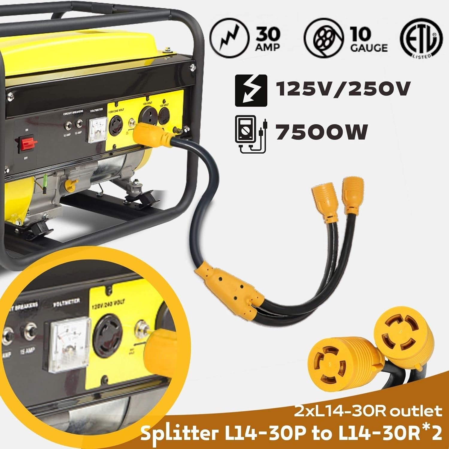 MECMO - Generator Splitter 4-Prong L14-30P Male to (2) L14-30R Female Y Adapter Cord +14-50P to L14-30R Generator Transfer Switch Adapter