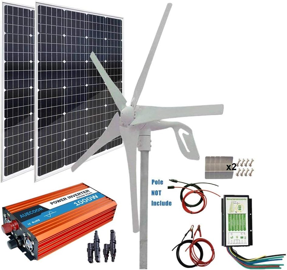 600W(640W) Solar Wind Turbine Generator Power Kit: 400W Wind Turbine + 2 x 120W Mono Solar Panel + Solar Wind Hybrid Controller + 1000W Inverter for 12V/24V Battery Charging