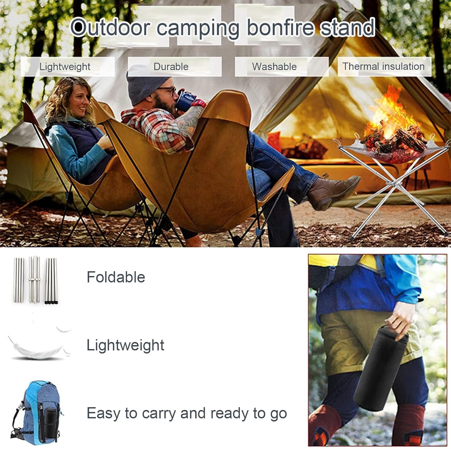 Portable Outdoor Fire Pit Foldable Stainless Steel Mesh Fire Pit Wood Burning, Collapsible Fireplace Space Saving Perfect for Camping, Backyard, Patio, Garden,55 * 55 * 48cm