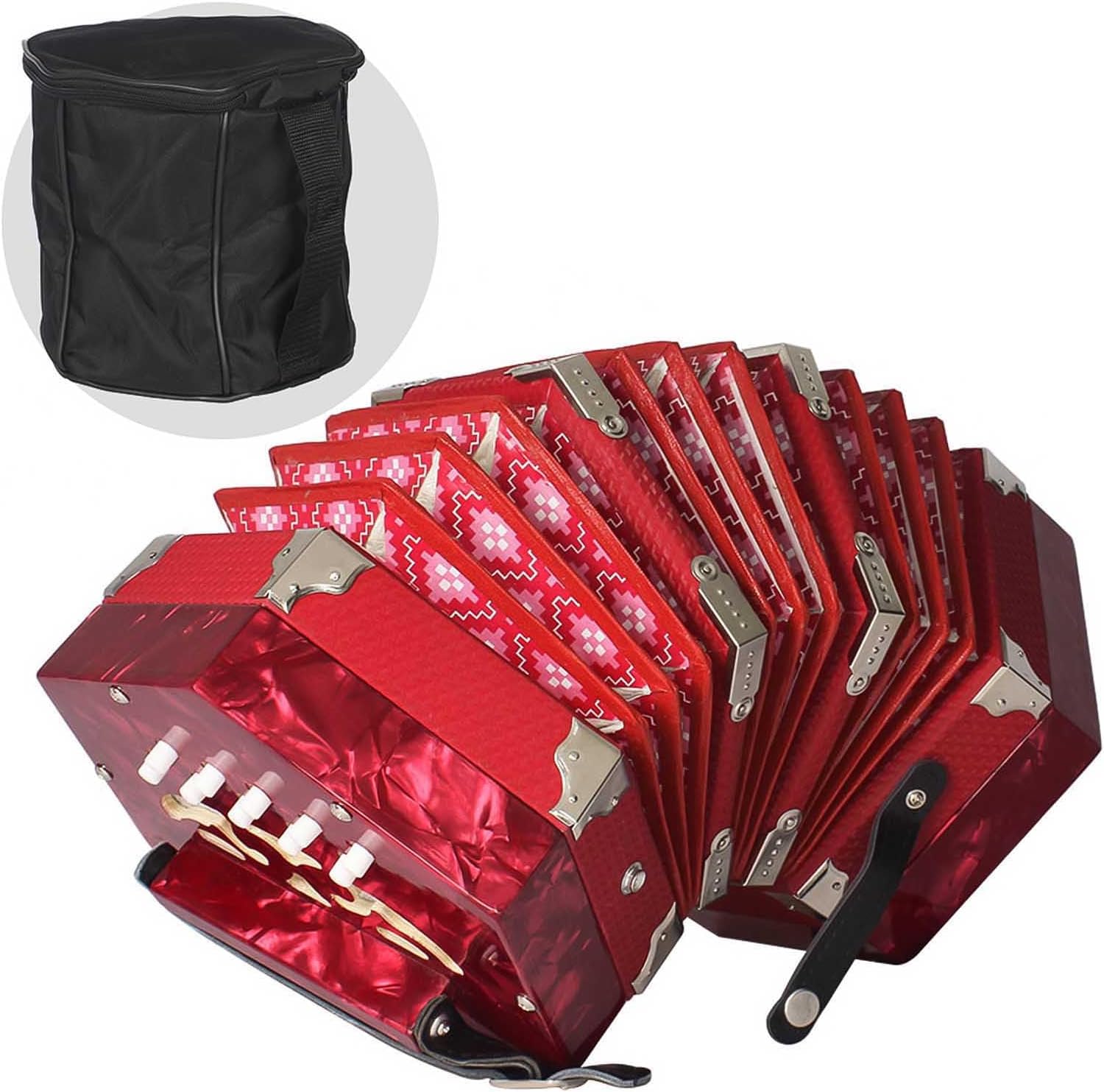 Tissting Concertina, 20 Keys Accordion For Adults, 20 Button 40 Reeds Anglo Style With Carrying Bag, Anglo Style Gc Tuned Accordion With Leather Strap And Carry Bag Red