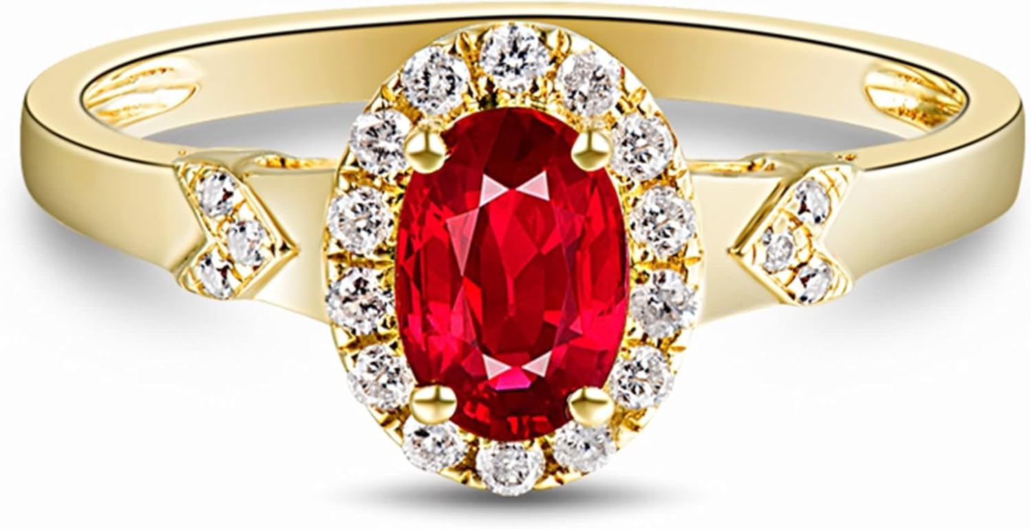 Ruby Ring Pave, Wedding Rings Women 18K Yellow Gold 0.532ct Oval Ruby Eternity Band for Wife