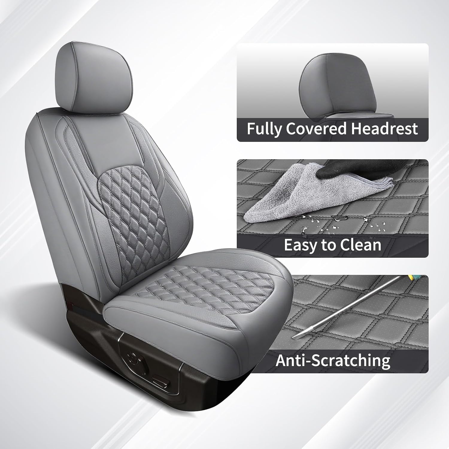 Huidasource Tacoma Front&Back Seat Covers, Gray Leather Car Seat Cushion Cover Accessories Fit for 2016-2023 Double & Crew Cab Toyota Tacoma SR SR5 Limited TRD Sport/Pro/Off Road(Full Set/Gray)