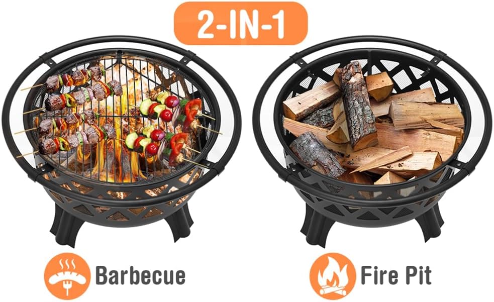 30 Inch Fire Pits for Outside with Grill Wood Burning Firepit Large Steel Firepit Bowl for Patio Backyard Garden Camping with Swivel BBQ Grill, Ash Plate,Spark Screen, Poker