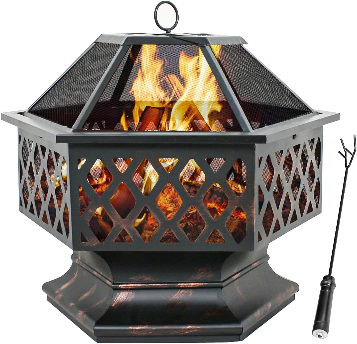 F2C 24 Inch Hex-Shaped Fire Pit with Fire Picker Outdoor Wood Burning Bonfire Firebowl Steel Firepit with Spark Screen Lid & Poker for Patio Backyard Garden Beach Camping Picnic