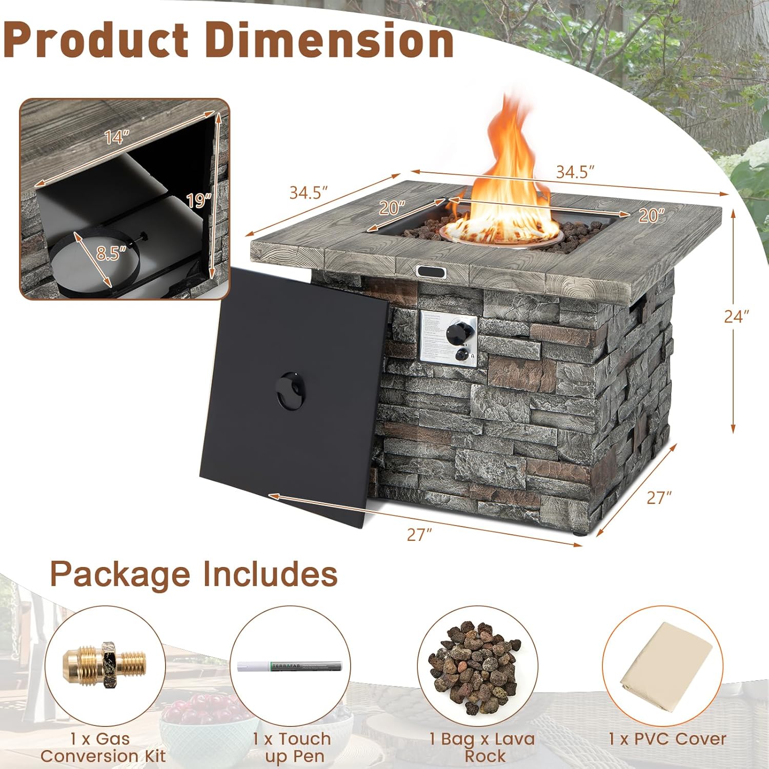 Tangkula 34.5 Inch Faux Stone Propane Fire Pit Table, Patiojoy Square Gas Fire Pit with Metal Lid, Lava Rocks, Stainless Steel Burner & PVC Cover, 50,000BTU Outdoor Fire Table