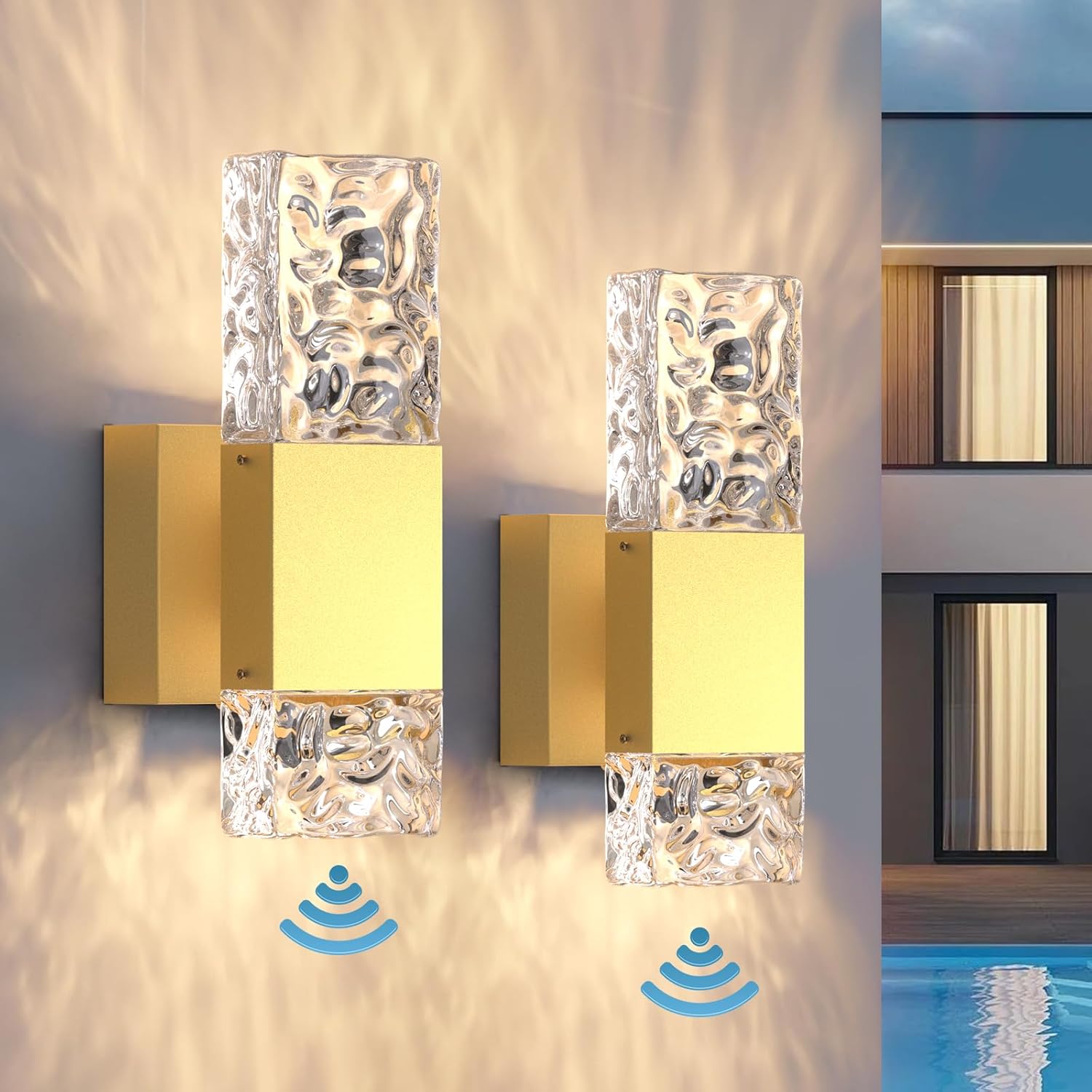 Modern Dusk to Dawn Outdoor Wall Sconce Lights Fixtures with Ripple-Textured Crystal Glass, Waterproof Up and Down LED Porch Lights Outdoor Wall Mount Exterior Lighting Fixtures for House Garage