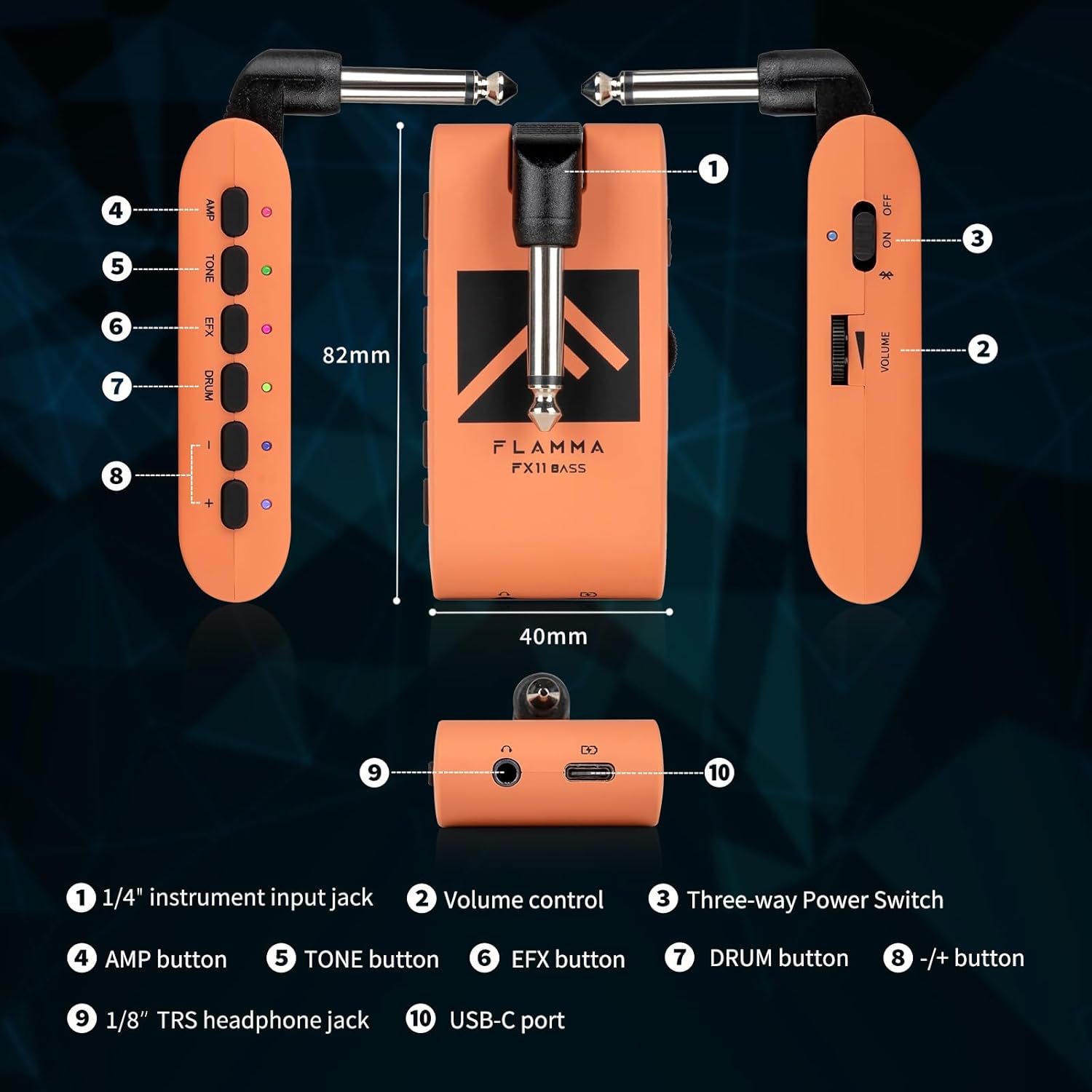 FLAMMA Bass Headphone Amp Portable Modeling Headphone Amplifier with 28 Drum Grooves 7 Amp Models Built-in Effects 5 Tone Color Support Bluetooth USB Audio Recording&Playback OTG Function Rechargeable
