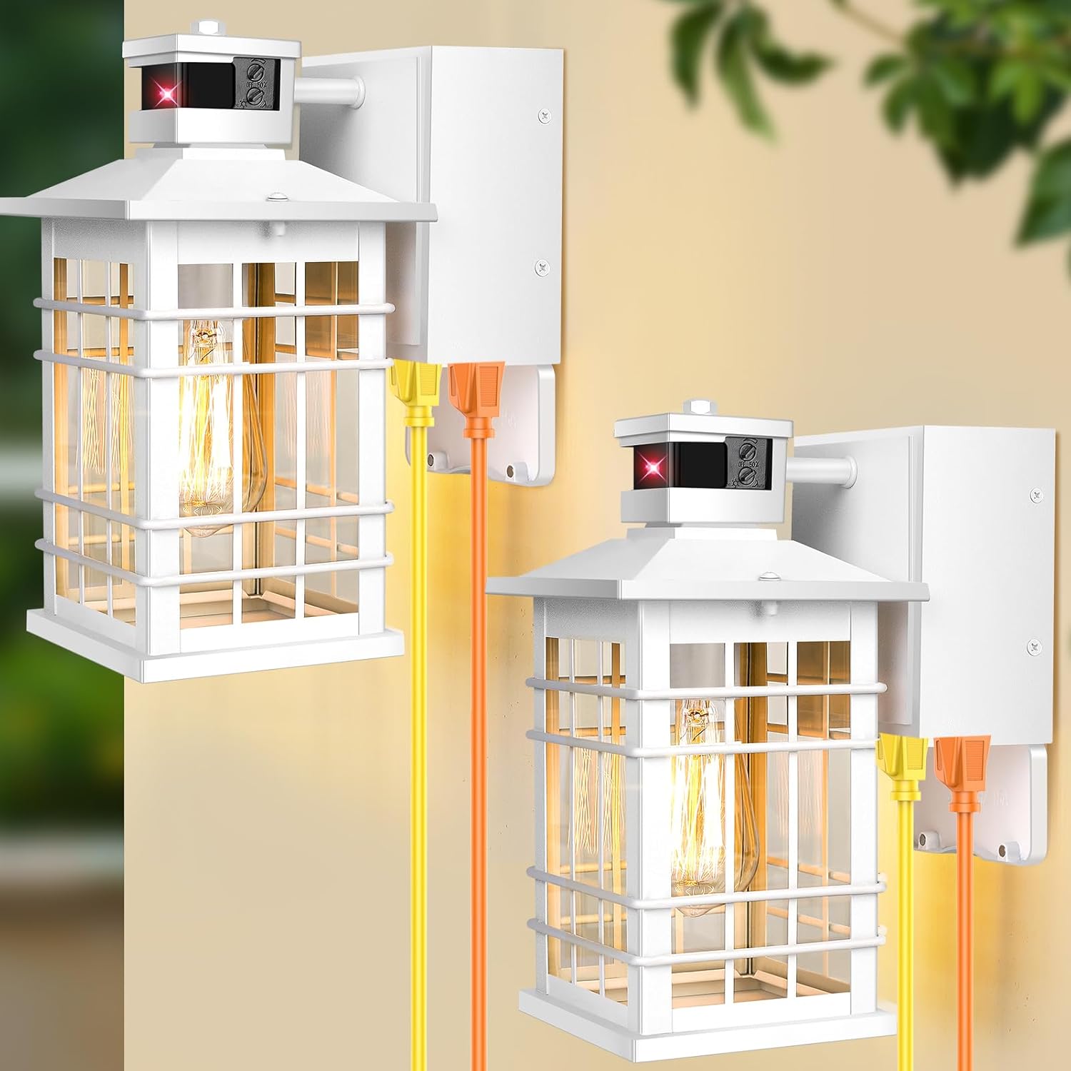 Porch Light with GFCI Outlets, White Motion Sensor Dusk to Dawn Outdoor Wall Light Fixture, 2-Pack Waterproof Outside Wall Lantern Sconce 3 Lighting Modes, Exterior Wall Light for Front Door House