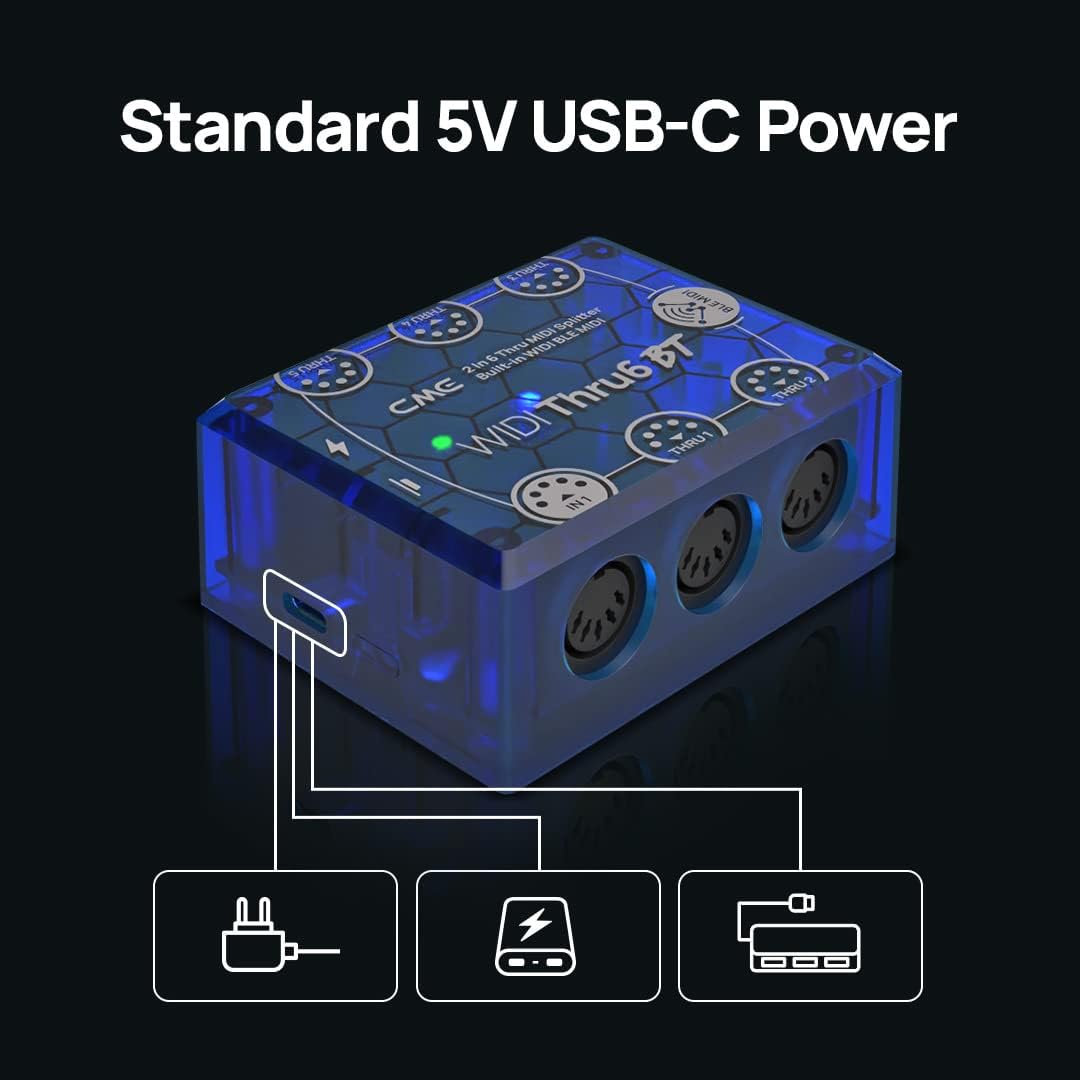 CME WIDI Thru6 BT + 4-Pack 3-FT TRS MIDI Cables - 2-in-6-out MIDI Thru/Split with 5-pin DIN and Bluetooth MIDI + 4-Pack TRS 3.5 Type A Low-Profile MIDI cables