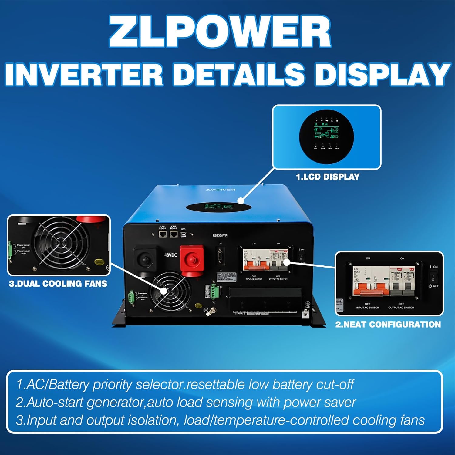 UL1741 48V Inverter 8KW Solar Off Grid Inverters 110/220Vac Low Frequency DC 48V AC Input 240V AC Output 120V/240V Split Phase Pure Sine Wave Power with 2x80A MPPT Charger Controller 8000W
