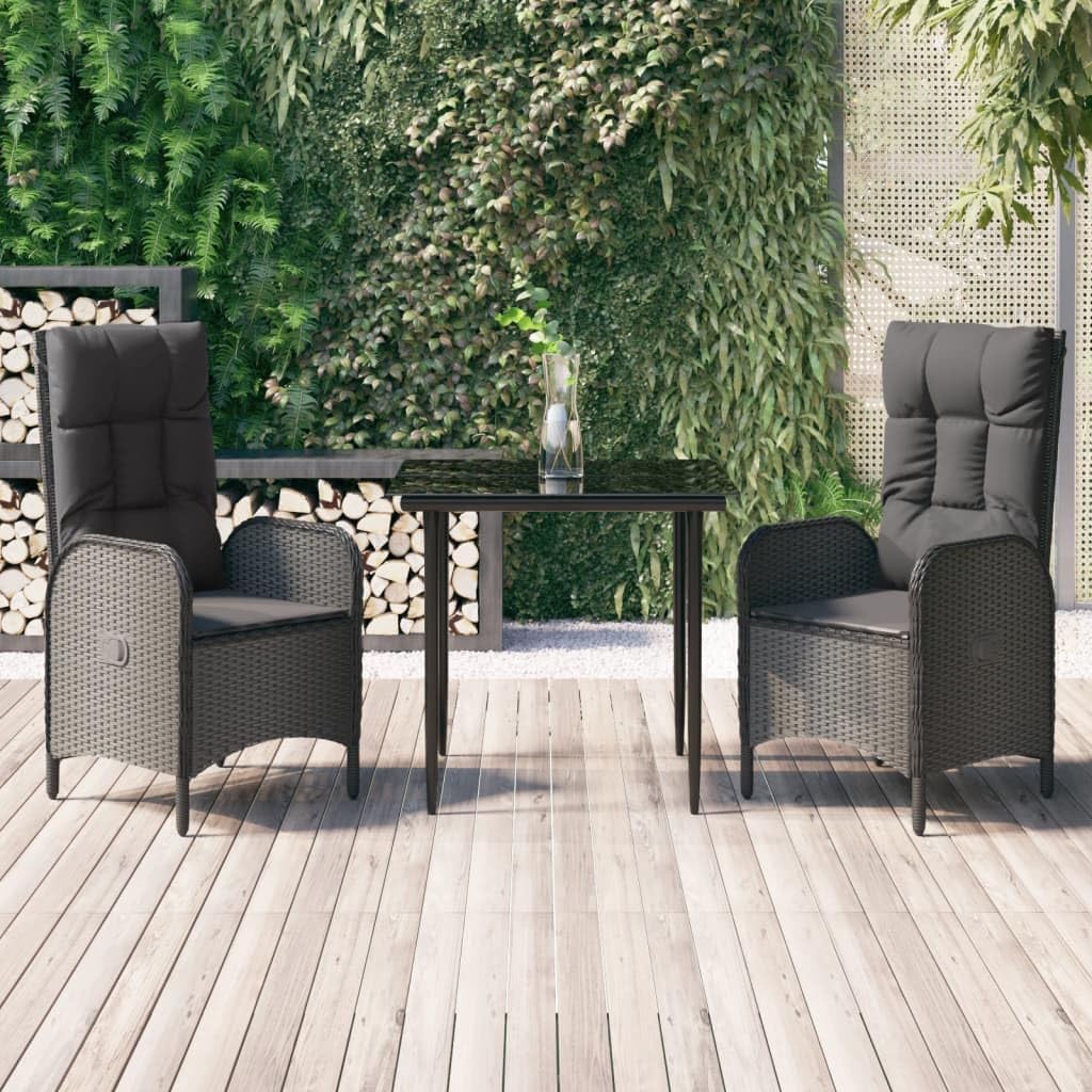 3 Piece Patio Dining Set with Cushions Black Poly Rattan,Modern Patio Dining Set with Reclining Chairs and Tempered Glass Table Furniture Sets for Patio, Lawn & Garden