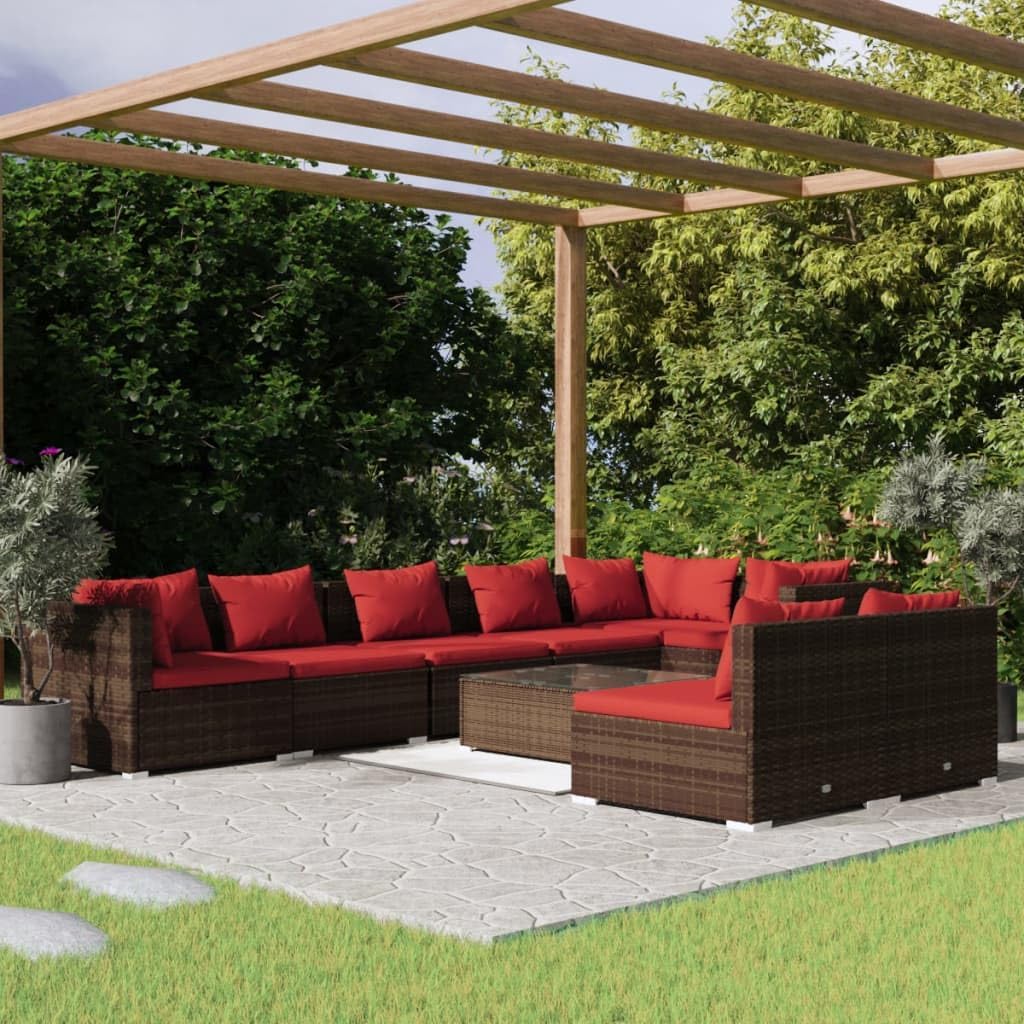 9 Piece Patio Lounge Set with Cushions Brown Poly Rattan,Sturdy and Comfortable PE Rattan 3Piece Patio Lounge Set with Cinnamon Red Cushions, for Leisure Time Patio Furniture Sets, Outdoor Furniture S