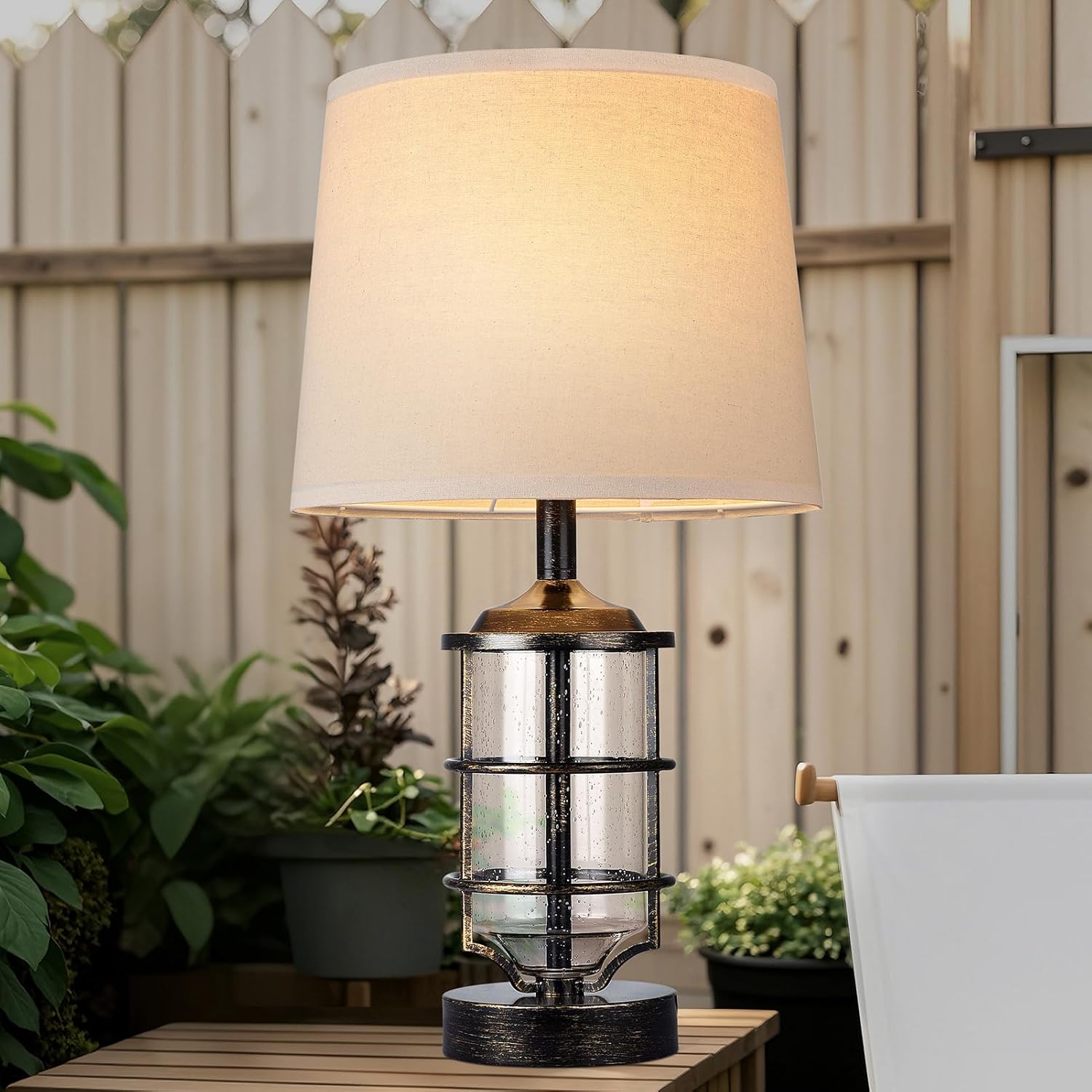 Outdoor Table Lamp, Farmhouse Lamp for Patio Table Decor with Cord, Rustic Table Light with Seeded Glass, 23.5