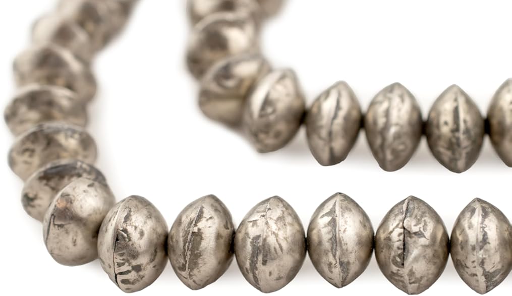 The Bead Chest Mali Silver Bicone Beads - Full Strand of African Metal Saucer Spacer Beads (11x16mm)