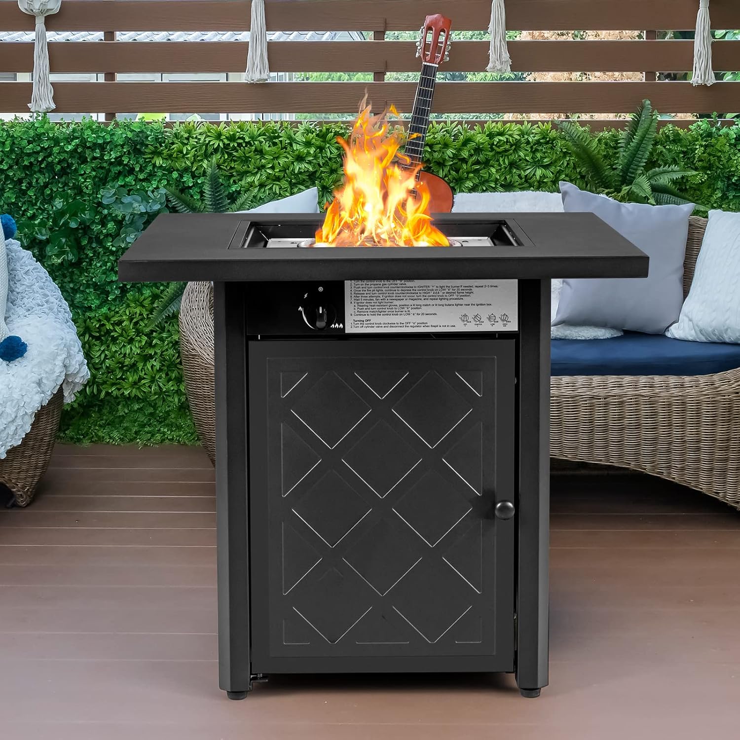 Happygrill Propane Fire Pit Table, 28’’ Outdoor Gas Fire Pit with Lid & Lava Rocks, 50,000BTU Auto-Ignition Fire Table with Adjustable Flame, 2-in-1 Square Fire Pit Table for Patio Backyard Poolside