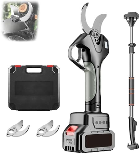 Professional Electric Pruning Shears, Cordless 45mm Tree Branch Cutter with Extension Pole, Battery & Charger Included, Ideal for Gardening & Fruit Trees (2 Batteries)