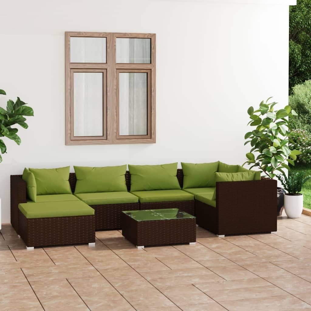 Patio Set 7 Piece Patio Lounge Set with Cushions Poly Rattan Brown
