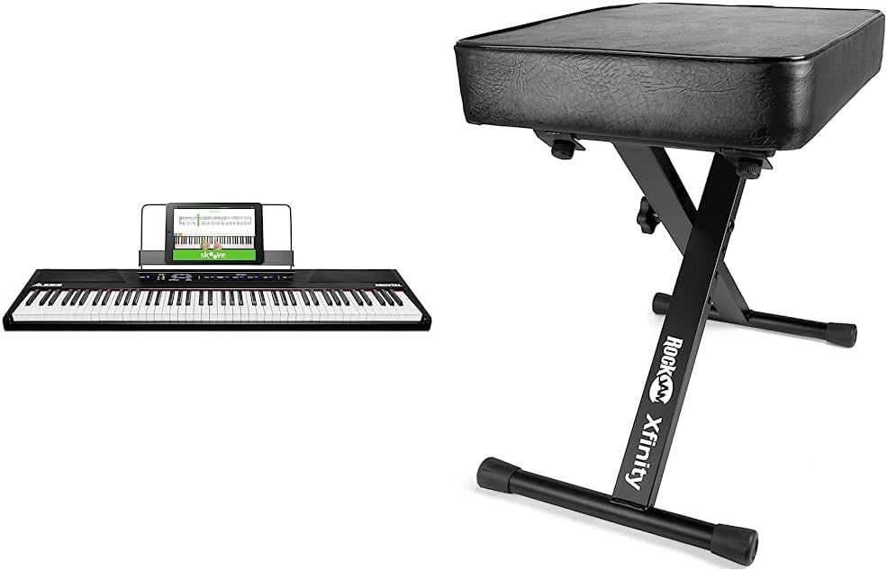 Alesis Recital | 88 Key Beginner Digital Piano/Keyboard with Full Size Semi Weighted Keys & RockJam KB100 Adjustable Padded Keyboard Bench, X-Style, Black