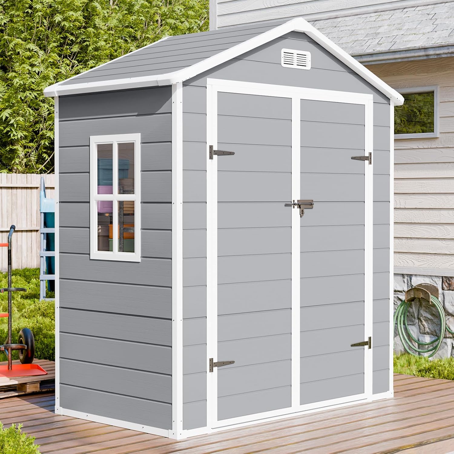 CDCASA 6x3 FT Resin Storage Shed, Waterproof Outdoor Shed with Floor & Window & Lockable Door Included, Outside Plastic Tool Sheds for Garden, Patio, Backyard, Light Gray