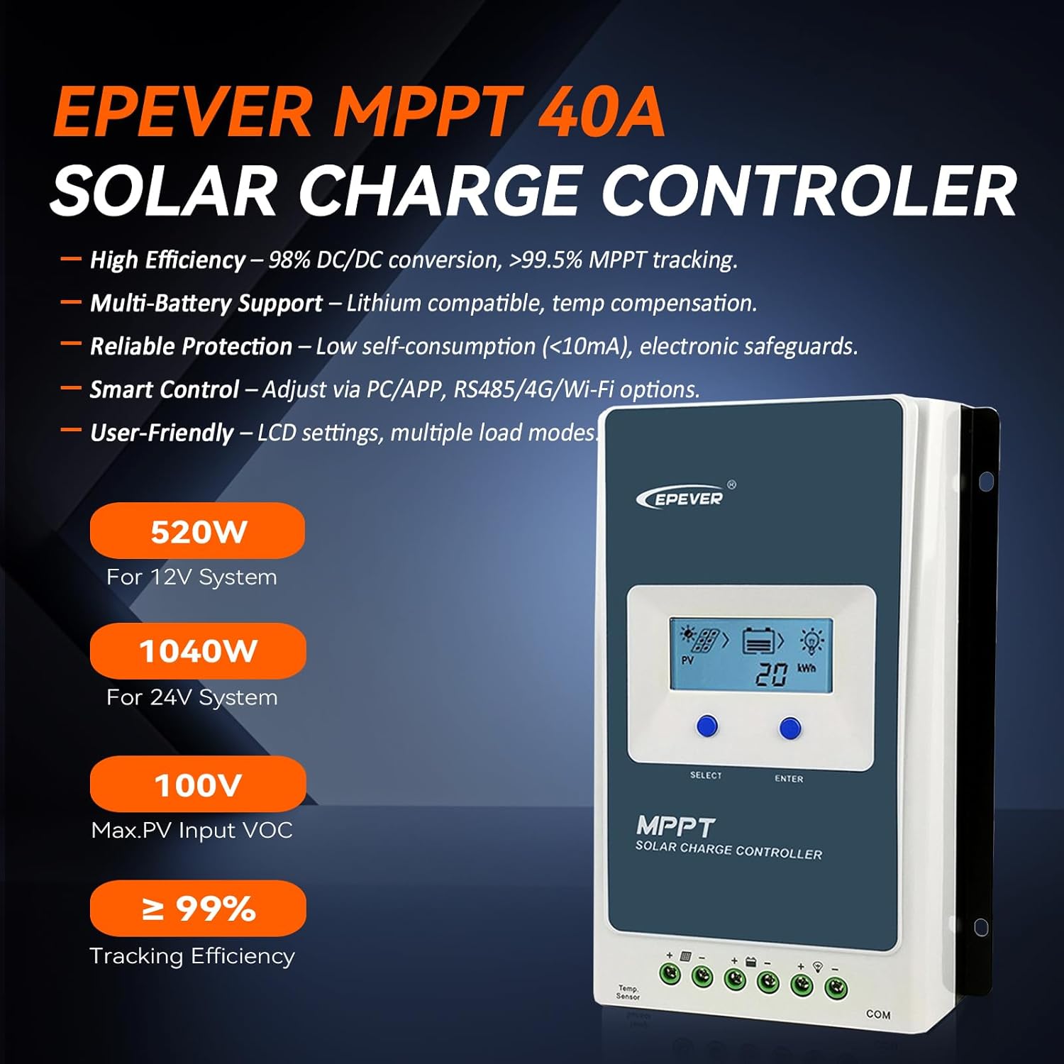 EPEVER 40A MPPT Solar Charge Controller 12V/24V Auto, Negative Grounded 40A Solar Regulator Support Batterless Run and fit for Lead-Acid and Lithium Battery