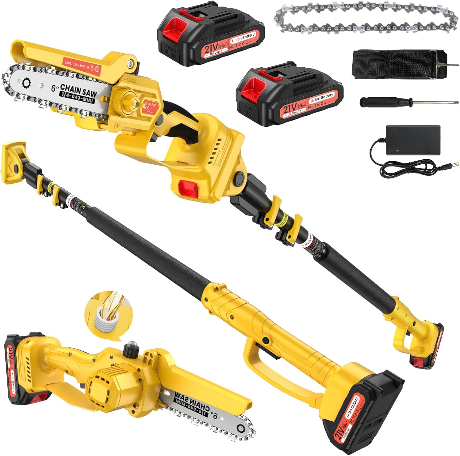 2-in-1 Electric Pole Saws for Tree Trimming, 6 Inch Mini Chainsaw Cordless with Extension Pole, Battery Powered Pole Chain Saw, Tree Trimmer Limb Branch Cutter Pruner with 2 Battery