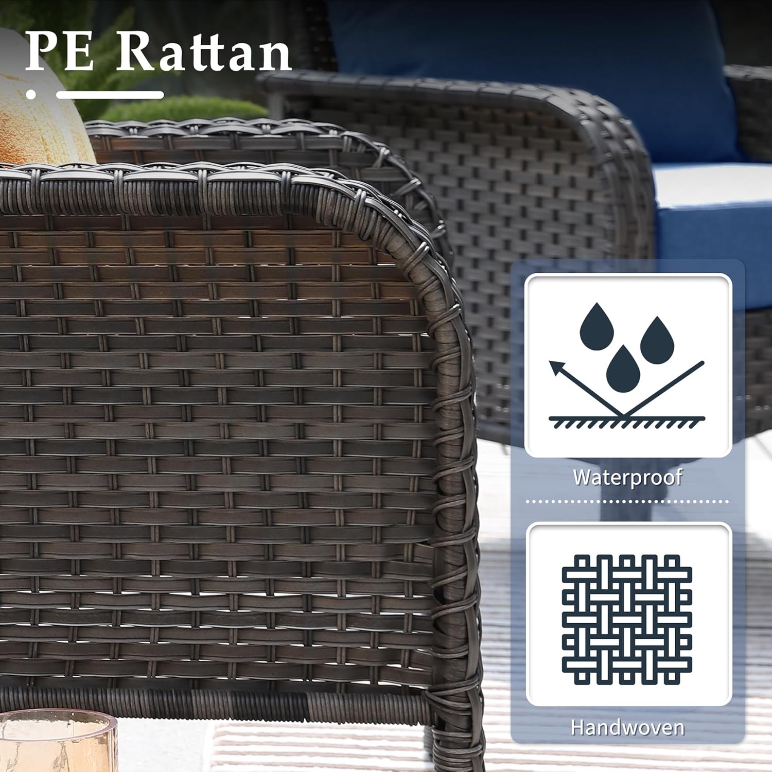 4-Piece Outdoor Patio Conversation Set, Backyard Furniture w/Loveseat, Coffee Table, Wicker Frame - Gray/Blue