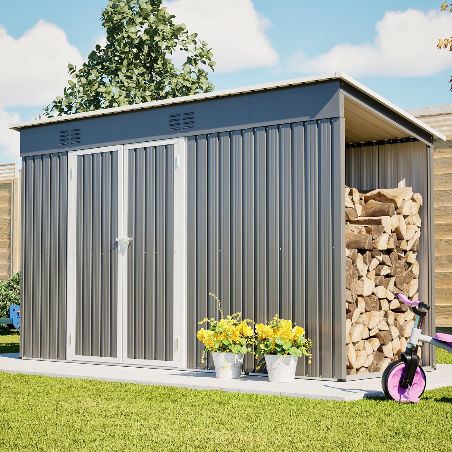 4'x10' Metal Shed Outdoor Storage Shed,Metal Steel Utility Tool Shed Storage House with Double Lockable Doors and Air Vent for Backyard Garden Patio Lawn Gray