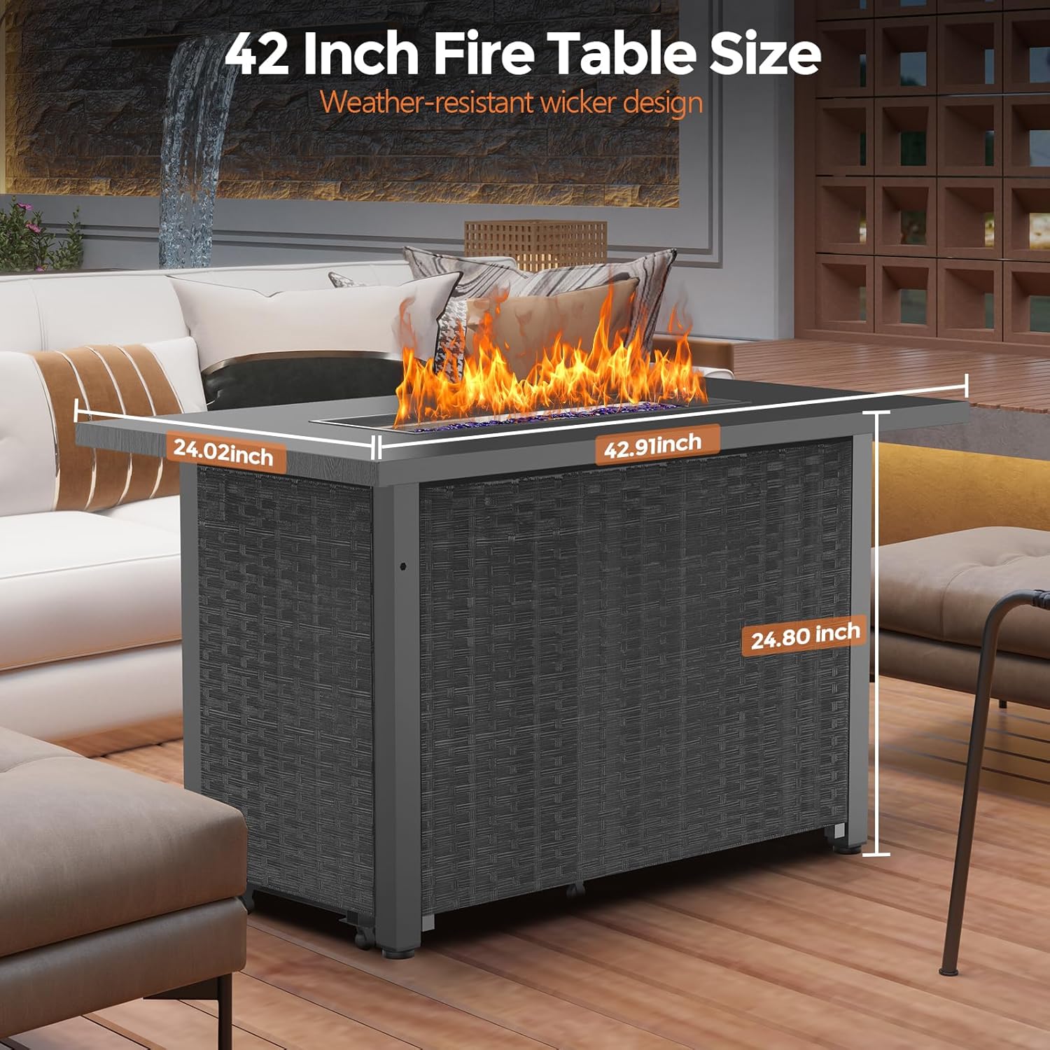 WAA 42 Inch Propane Fire Pit Table, 50,000 BTU CSA-Listed Steel Gas Fire Pit with Lid - Features Blue Crystal Stones & Metal Wood-Grain Board to Add Warmth and Ambience to Patio, Deck, Garden