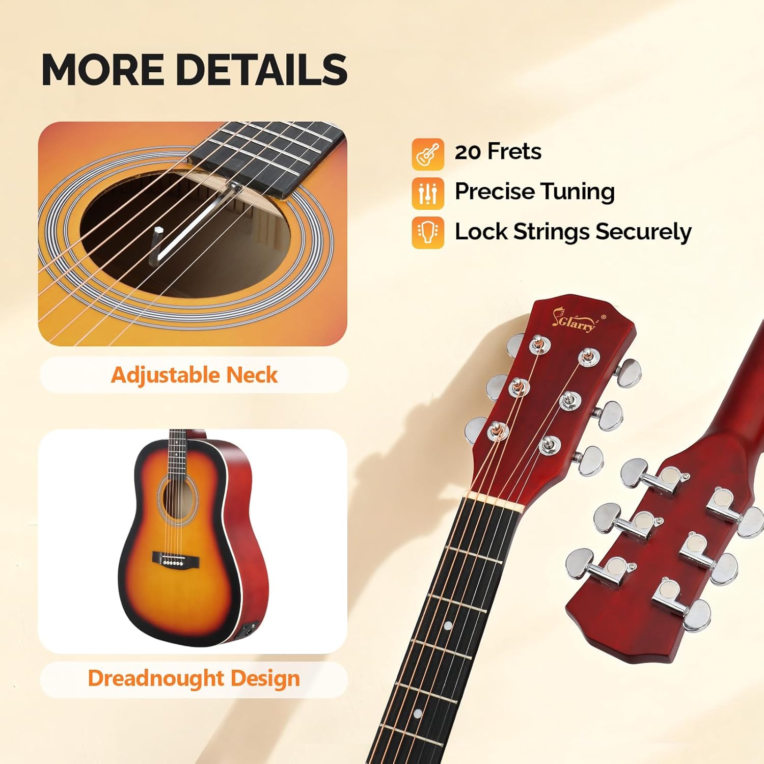 GLARRY 41in Full Size Acoustic Electric Guitar Beginner Kit with 15W Amp, 5-band EQ Dreadnought Design 6 Strings Electric Acoustic Guitar with Bag, Strap, Picks, Strings, Wrench, Sunset Color