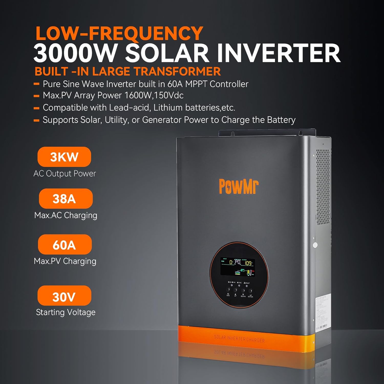 PowMr Solar Inverter 3000W 24V, Peak 9000W, Low-Frequency Pure Sine Wave Inverter 24V to 110V Built-in 60A MPPT Controller, fit for Lead-Acid Lithium Battery and Support Utility/Solar Charge