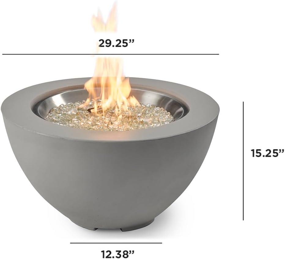 Outdoor GreatRoom Co Propane Fire Pit Table - Cove Gas Fire Pits for Outside Patio - 29 Inch Round Bowl Concrete Firepit Fire Table with Glass Tabletop Cover, Tempered Clear Glass Gems, 80,000 BTU