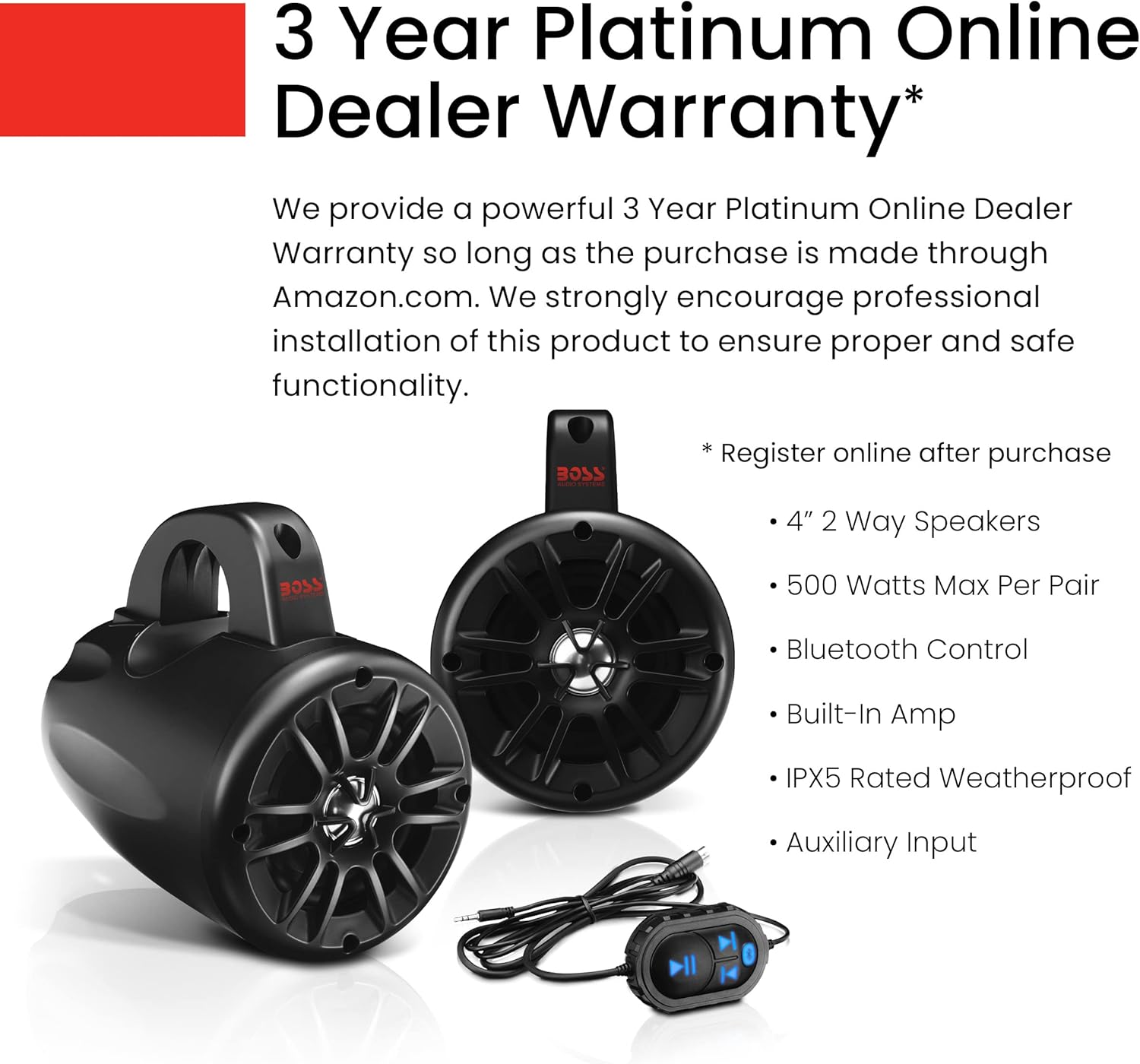 BOSS Audio Systems BM40AMPBT ATV UTV Waketower Speaker System - Bluetooth, 500 Watts of Power Per Pair, 4 Inch Woofer, Full Range, 2 Way, Marine grade, Weatherproof, Sold in Pairs