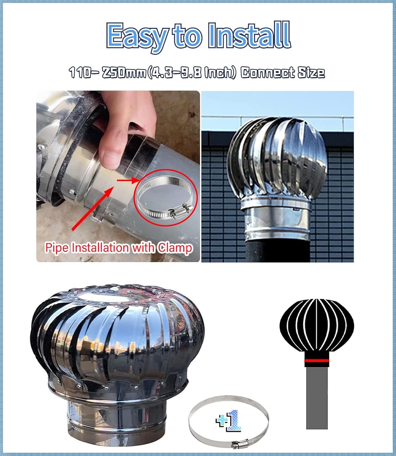 Round Roof Exhaust Chimney Cap 4in/6in/8in/10in/12in/16in, Outdoor Roofing Turbine Ventilator Chimney Rain Cover, Stainless Steel Wind Ball for Home/Dryer/Pipe/Flue/Shed Roof