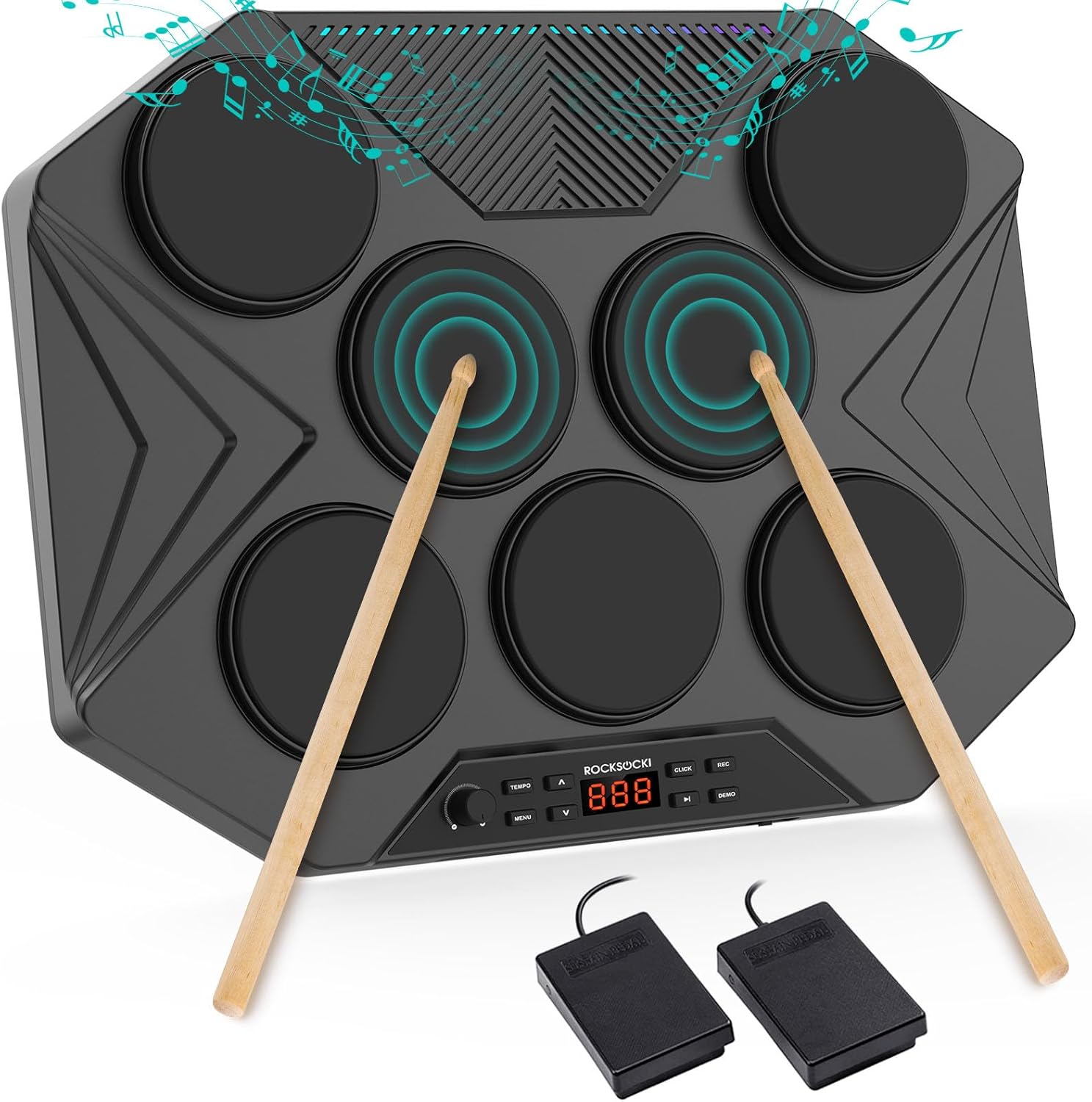 ROCKSOCKI Electronic Tabletop Drum Set, Portable Digital Drum Kit 7 Velocity Sensitivity Drum Pads, LED Music Level Light, USB-MIDI Mac & PC Support, Ideal Gift for Adult and Beginners