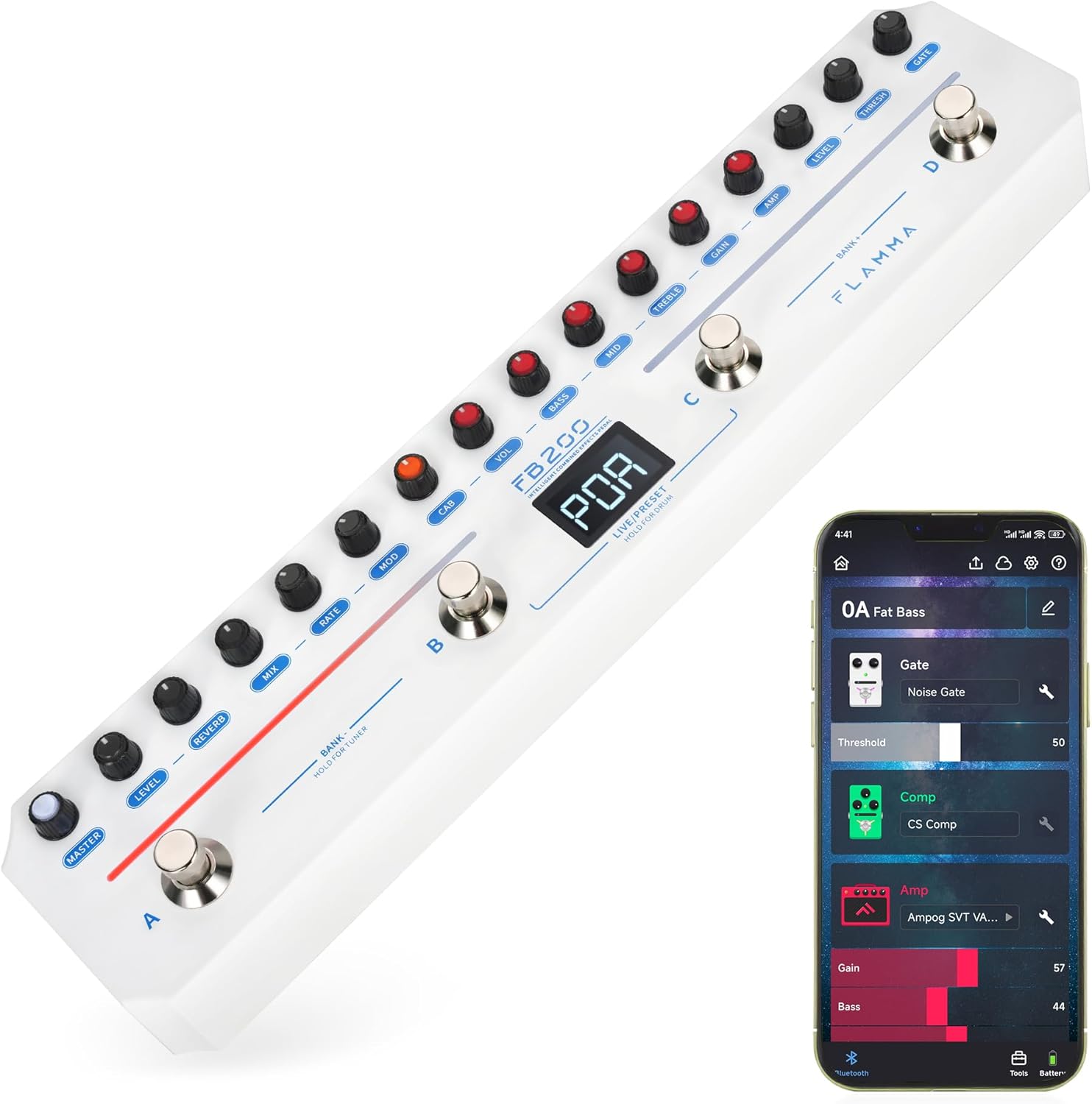 FLAMMA FB200 Bass Multi-Effects Pedal Intelligent Processor with 10 Bass-specific AMP models 10 CAB Sim 9 IR Slots 40 Drum Rhythm 40 Presets 5 Mod 5 Reverb Tuner APP Control Headphone Output