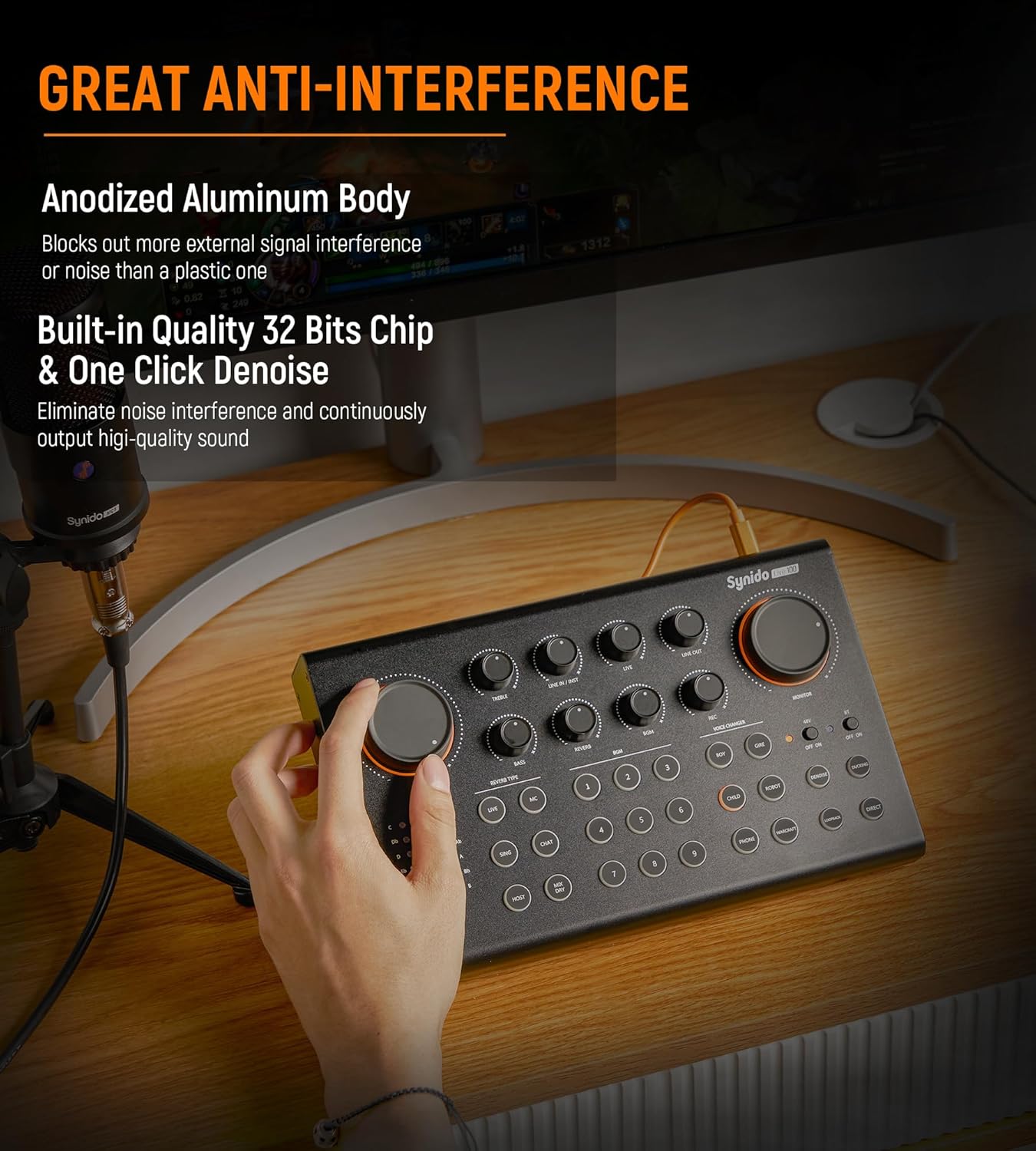 Synido Podcast Equipment Sound Card, Audio Interface Mixer with Pro-preamp, 48V Phantom, 9 Customize Sound Pads, XLR, 1/4