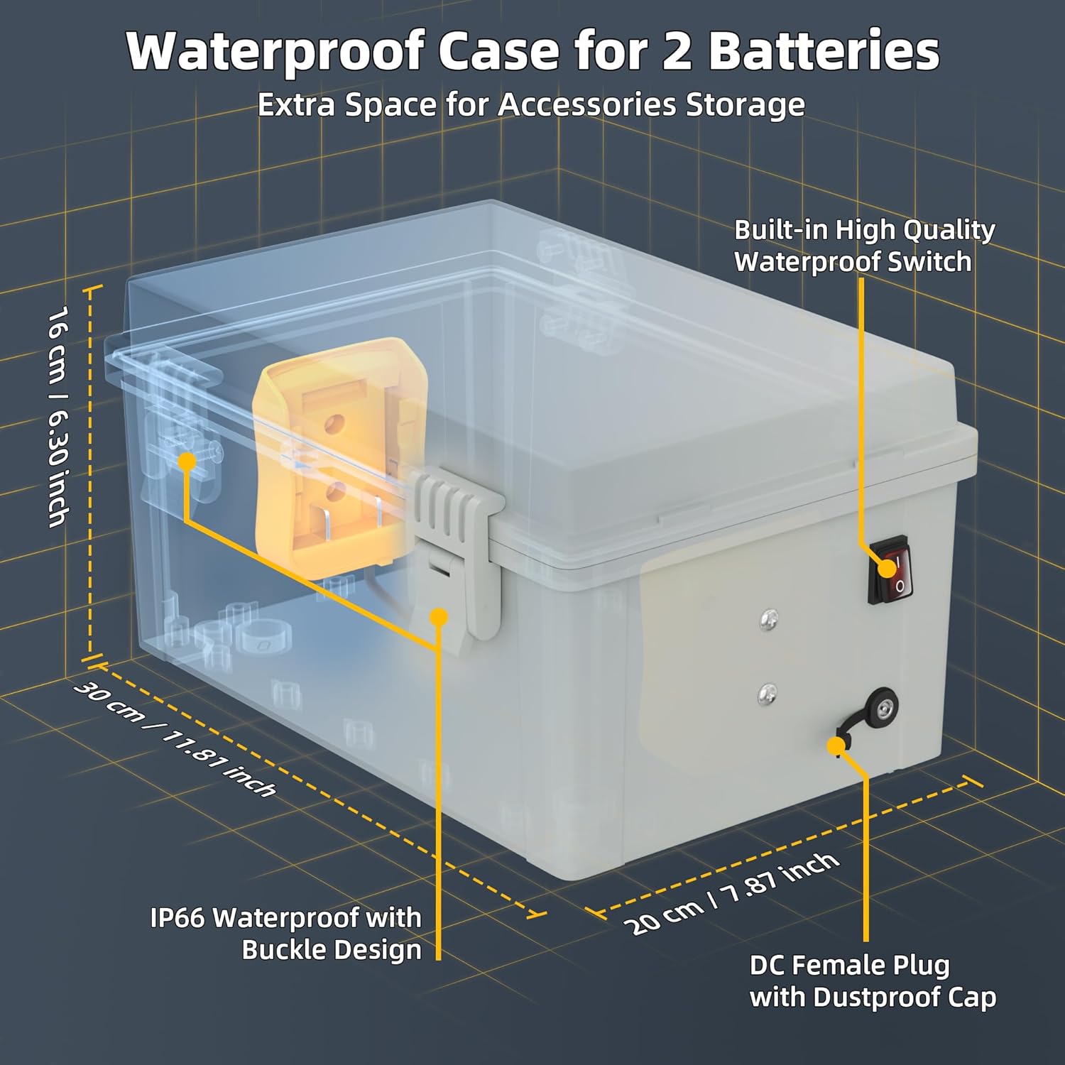 Starlink Mini Dual De.Walt Battery Pack Adapter Case with DC Female Plug and Switch Control, IP66 Waterproof Storage Box Ourdoor use for Star Link Mini Accessories