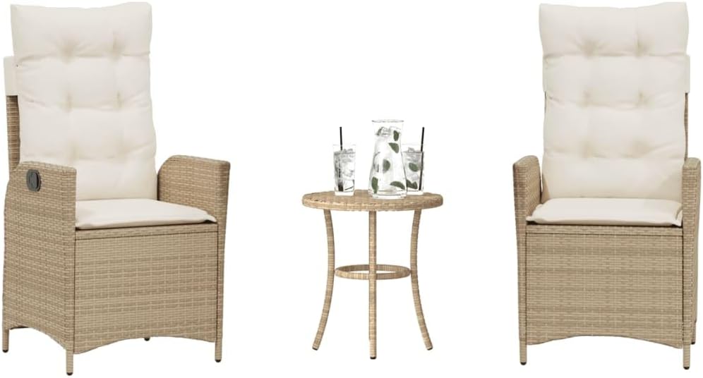 3 Piece Bistro Set with Cushions Beige Poly Rattan,Adjustable Patio Bistro Set with Cushions and UV Resistant PE Rattan for Garden and Balcony Patio Furniture, Outdoor Furniture Sets