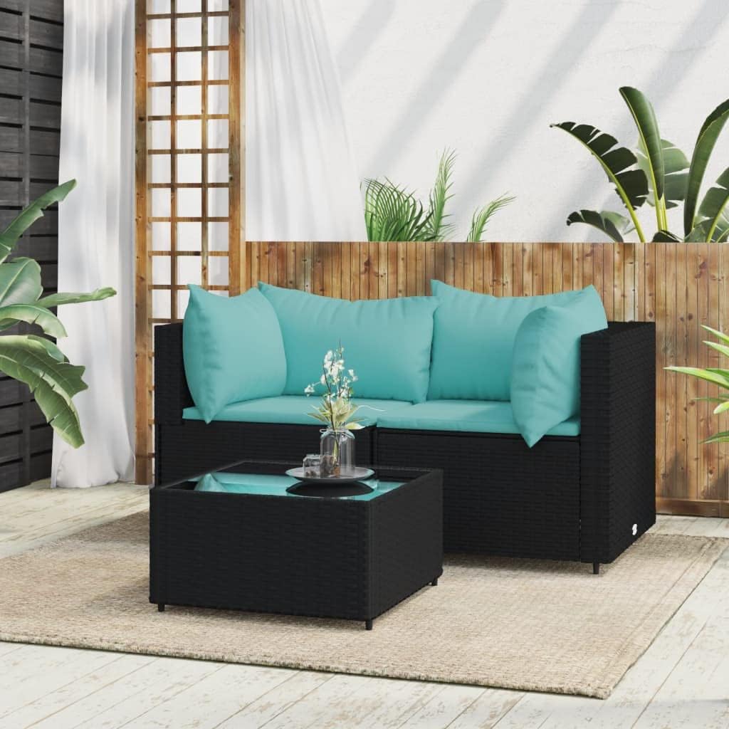 Patio Furniture, 3 Piece Patio Lounge Set with Cushions Black Poly Rattan