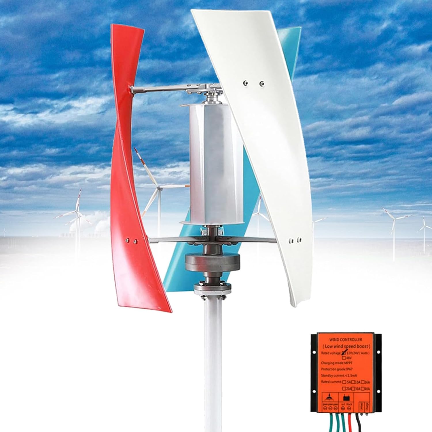 10000W Vertical Wind Turbine Generator, 3-Blade Low Noise Windmill for Home Use, 12V/24V/48V Complete Set with Controller, Efficient Renewable Energy Solution