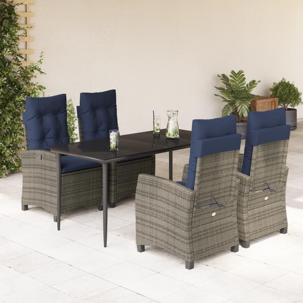 Furniture Sets 5 Piece Patio Dining Set with Cushions Gray Poly Rattan,Premium Outdoor Dining Set with Adjustable Backrests and Glass Tabletop for Garden and Patio Garden Conversation Sets