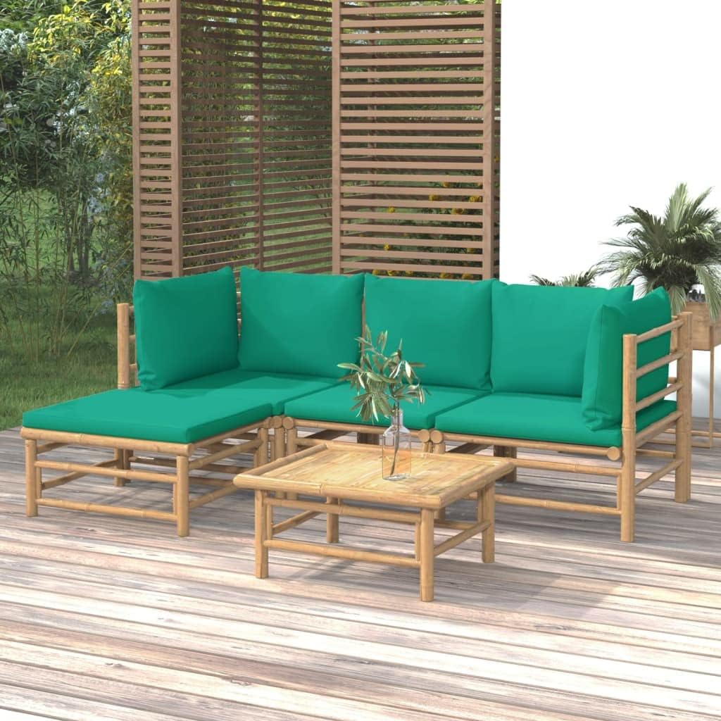 5 Piece Patio Lounge Set with Green Cushions Bamboo,Elegant Bamboo Patio Lounge Set: Enjoy Comfort and Durability in Your Outdoor Space Patio Furniture Sets, Outdoor Furniture Sets