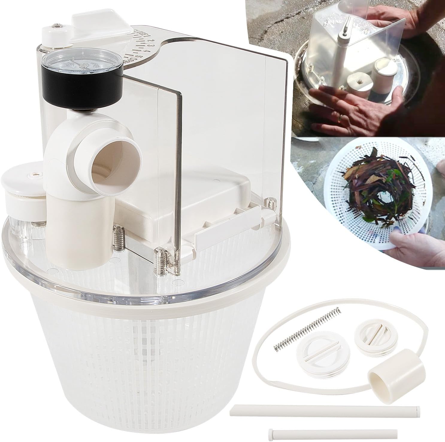 R211100 Vac-Mate Pool Cleaner Dispenser Box – Multi-Function Vacuum Skimmer Attachment – Includes Basket, Pressure Gauge & Easy Install Kit