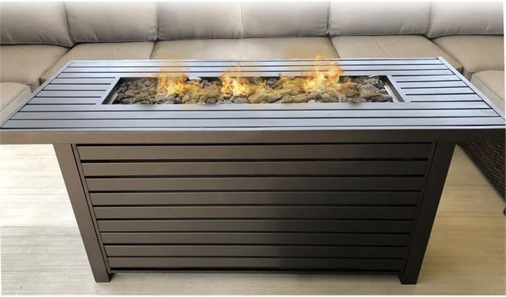 Living Source International Sterdy & Rust-Resistant Propane Gas Outdoor Fire Pit Table | CSA Certified & Striped Steel Surface (24'' Hx54'' Wx24'' D, Black), CM-1024