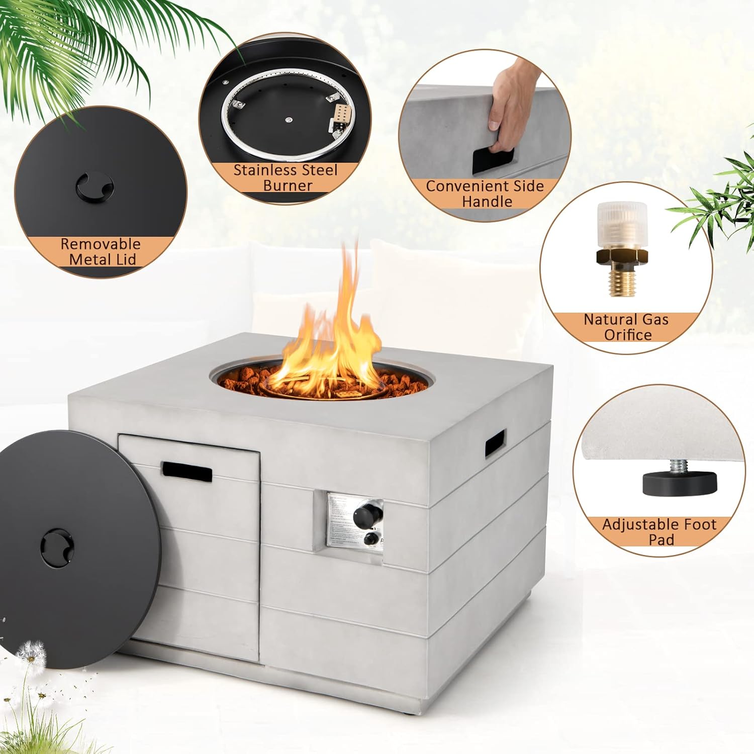 Tangkula 35 Inch Concrete Propane Gas Fire Pit Table, Patiojoy Square Outdoor Propane Fire Table with Protective Cover Lava Rocks & Metal Lid, 50,000BTU Outdoor Concrete Fire Table for Patio, Garden