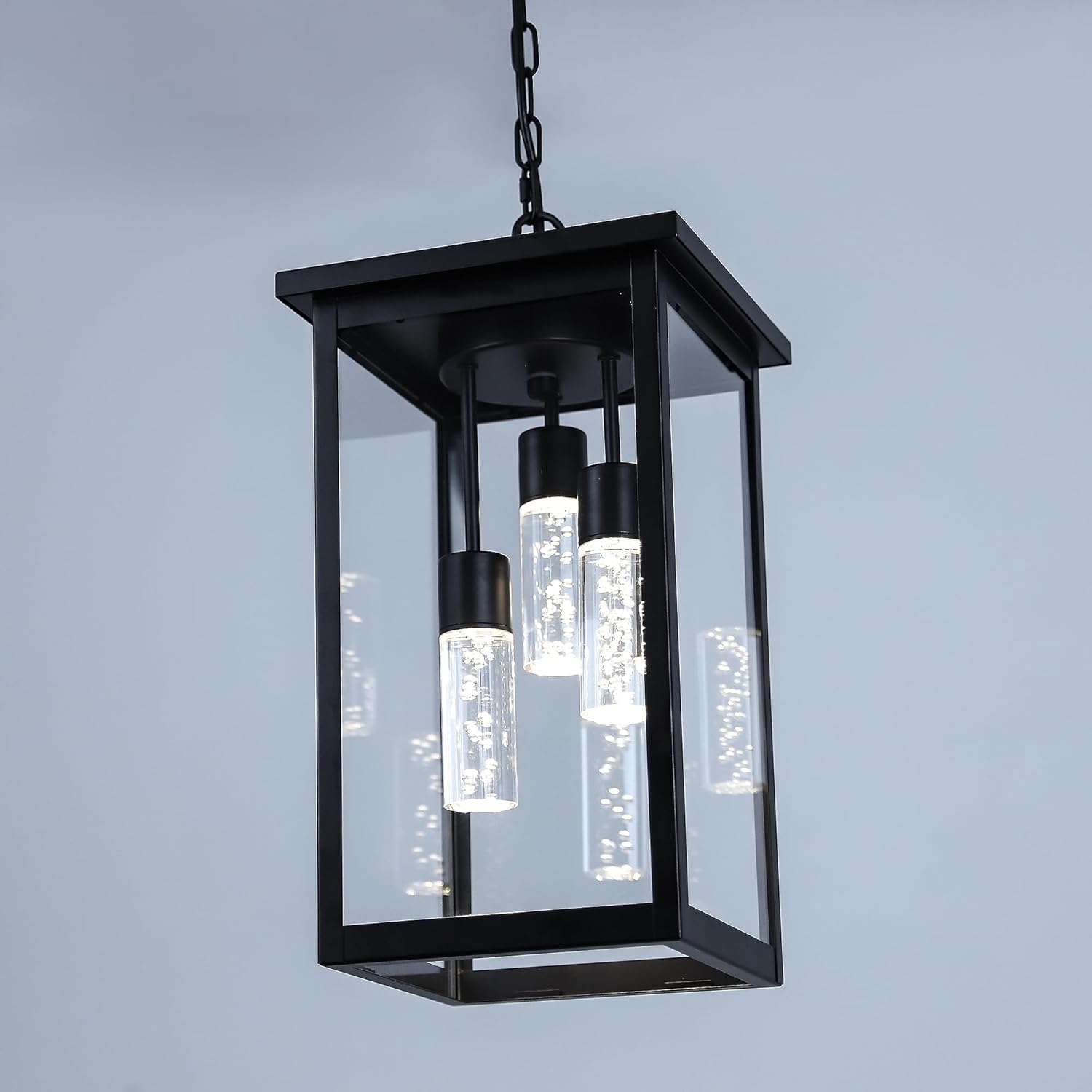 TODOLUZ 5CCT LED Large Outdoor Pendant Light Fixtures, LED Integrated Bulbs Included 3-Light Black Outdoor Hanging Lantern Light, Exterior Pendant Ceiling Lighting for Porch Yard Gazebo