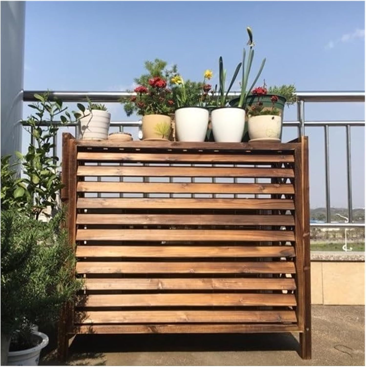 Outdoor Air Conditioner Unit Flower Stand Fence Screen to Hide Air Conditioner, Wooden Privacy Screen Decorative, Pool Equipment Trash Can Enclosure Ac Fence for Outside Unit(105x47x100cm)