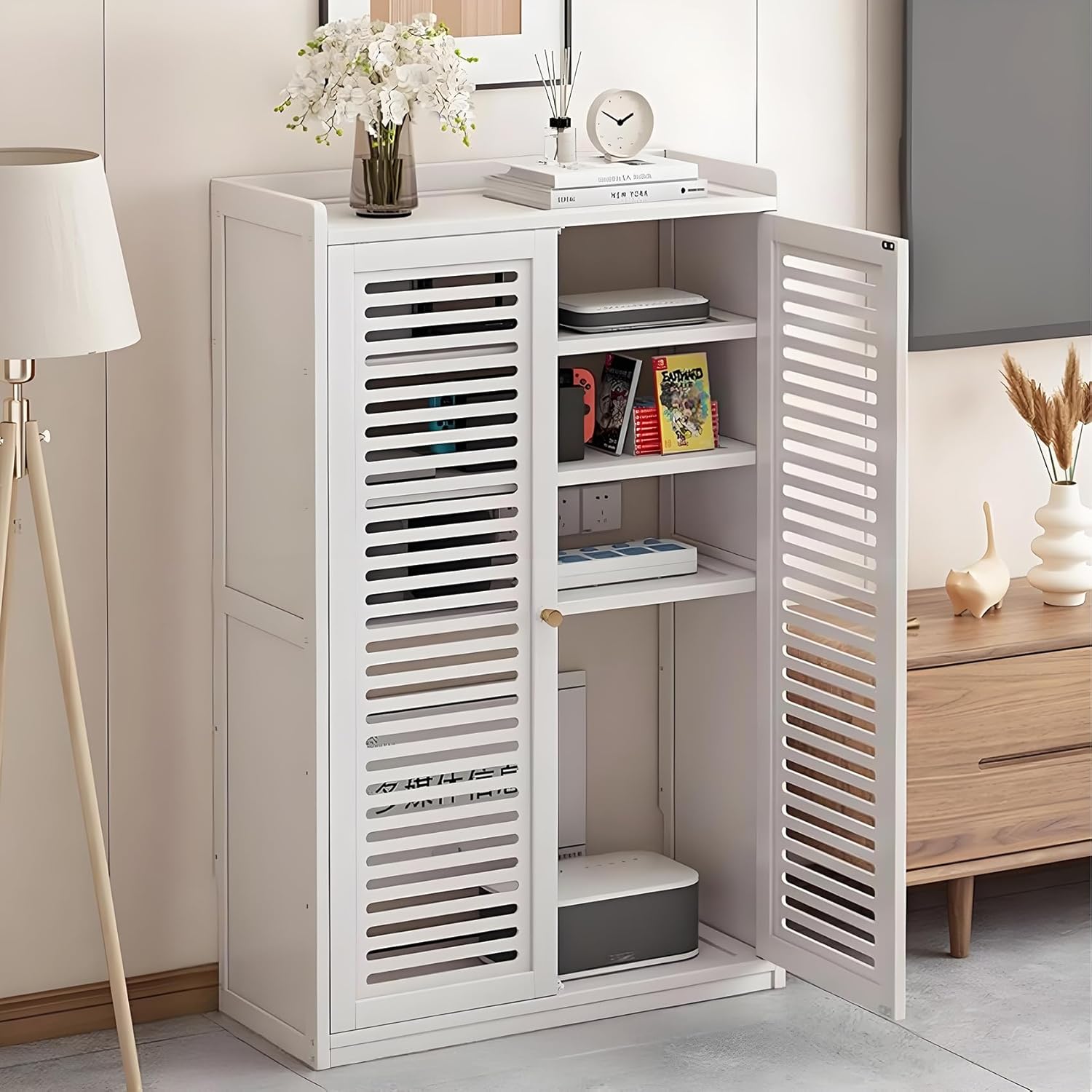 WiFi Router Hidden Box & Media Storage Cabinet, Freestanding Organizer with Double-Deck Shelf for Home/Office, Sleek White Design (23.2