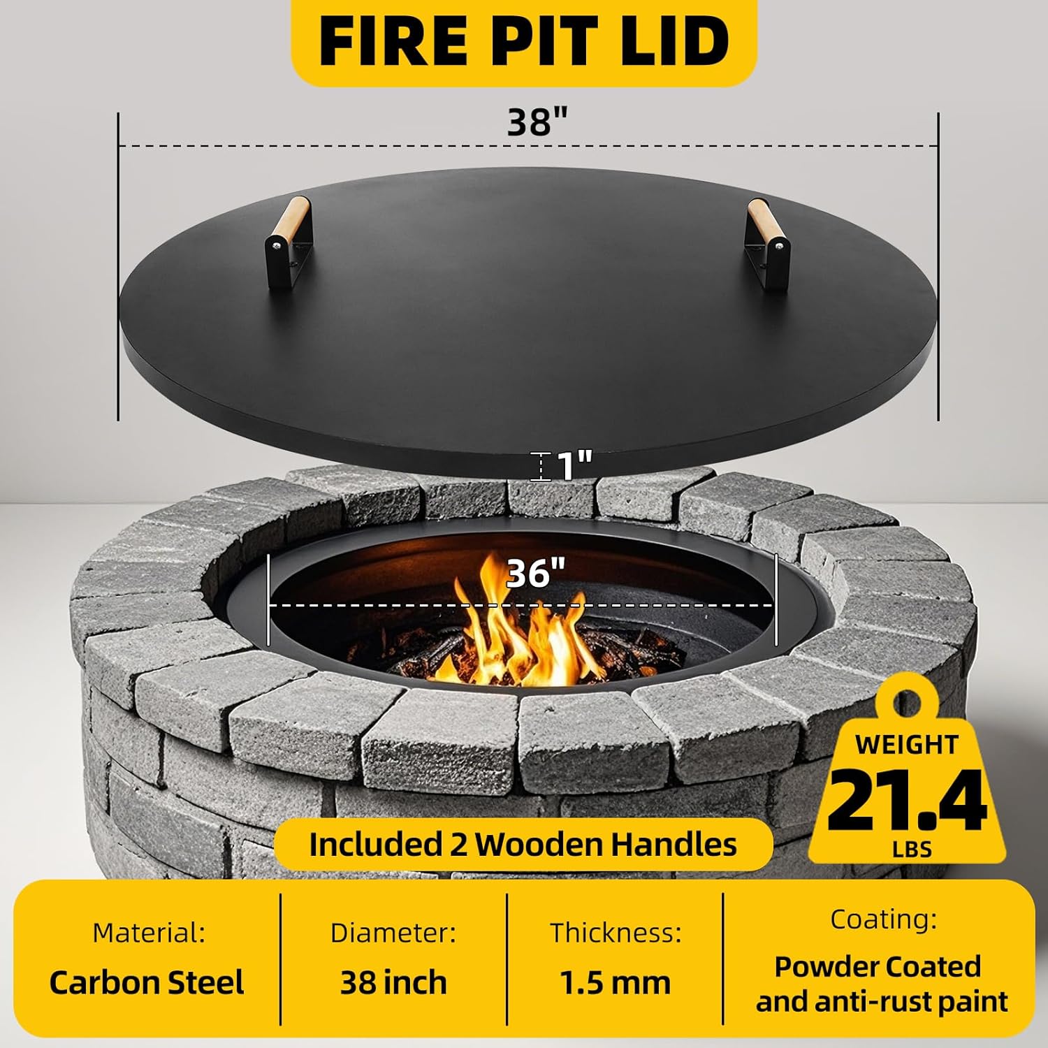G GOOD GAIN Firepit Lid Round 38 Inch - Rust Resistant Fire Pit Lid Cover with Wooden Handle & Gloves, Fire Pit Snuffer Lid for Courtyards, Patio, Winter Cold Protection. Fits Fire Pits Up to 36